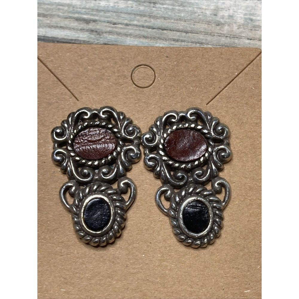 Brighton Retired Leather Black Brown EARRINGSβ Silver Tone